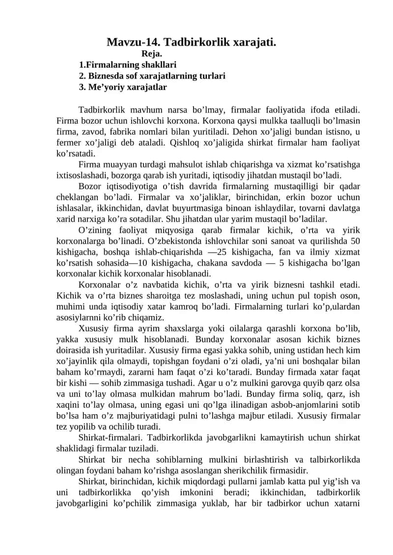 Tadbirkorlik xarajati