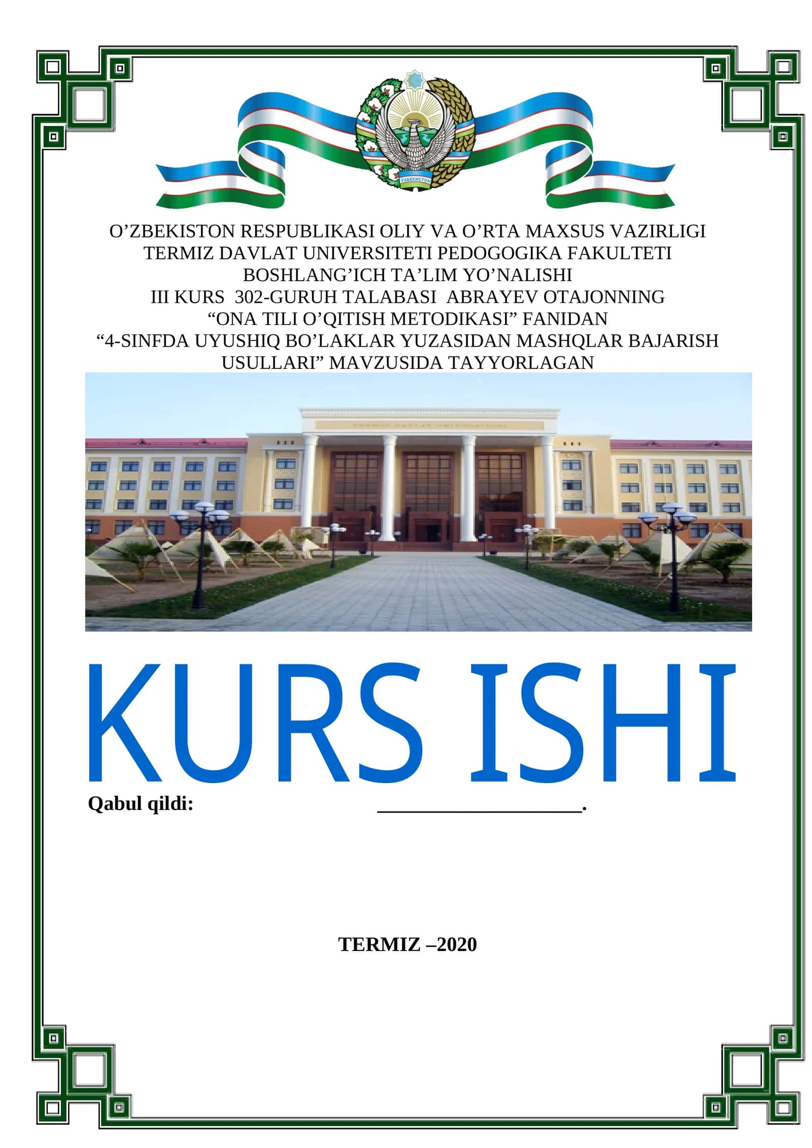 4-SINFDA UYUSHIQ BO’LAKLAR YUZASIDAN MASHQLAR BAJARISH USULLARI