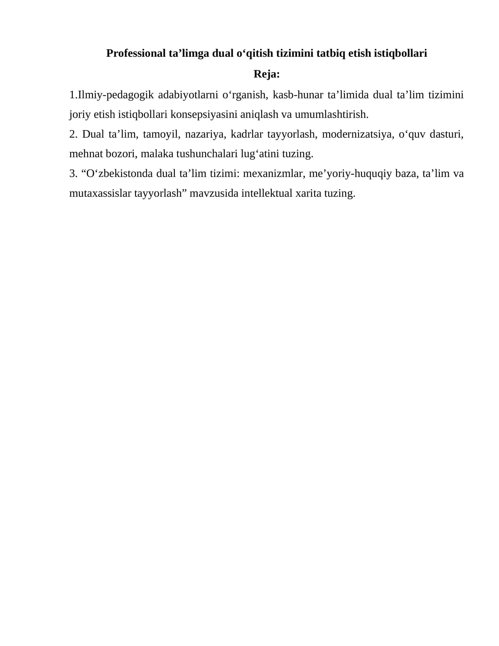 Professional ta’limga dual o‘qitish tizimini tatbiq etish istiqbollari