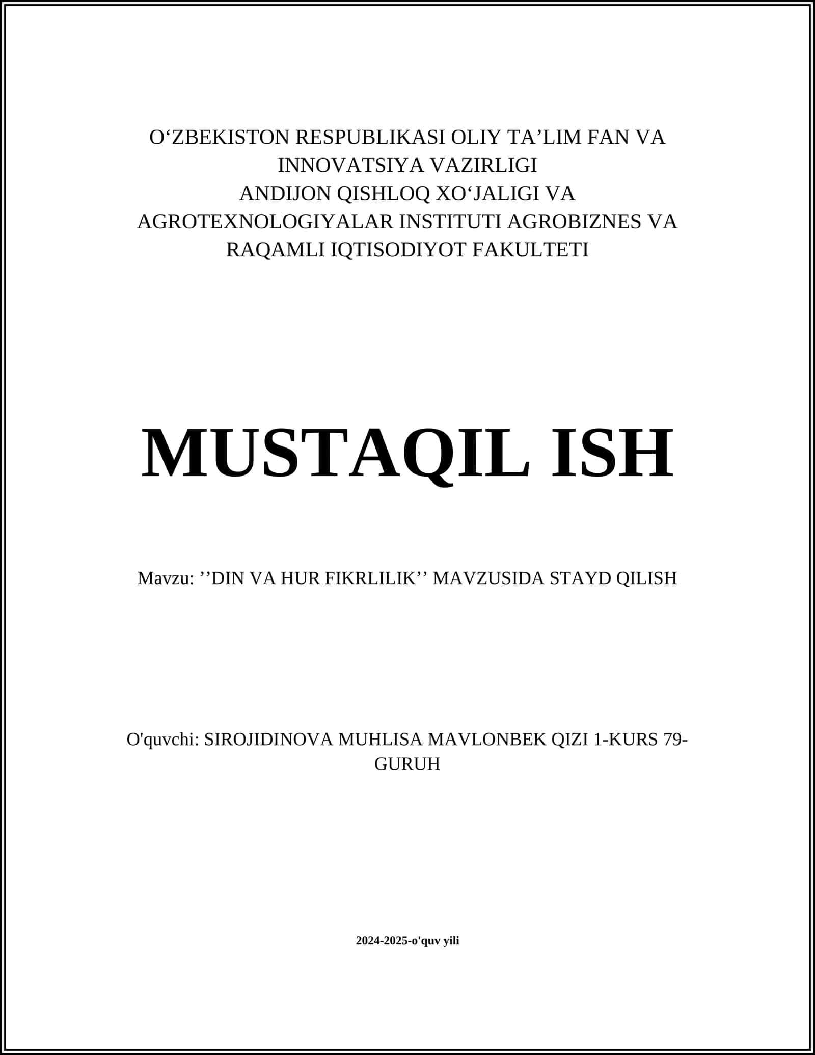 ʼʼDIN VA HUR FIKRLILIKʼʼ MAVZUSIDA STAYD QILISH