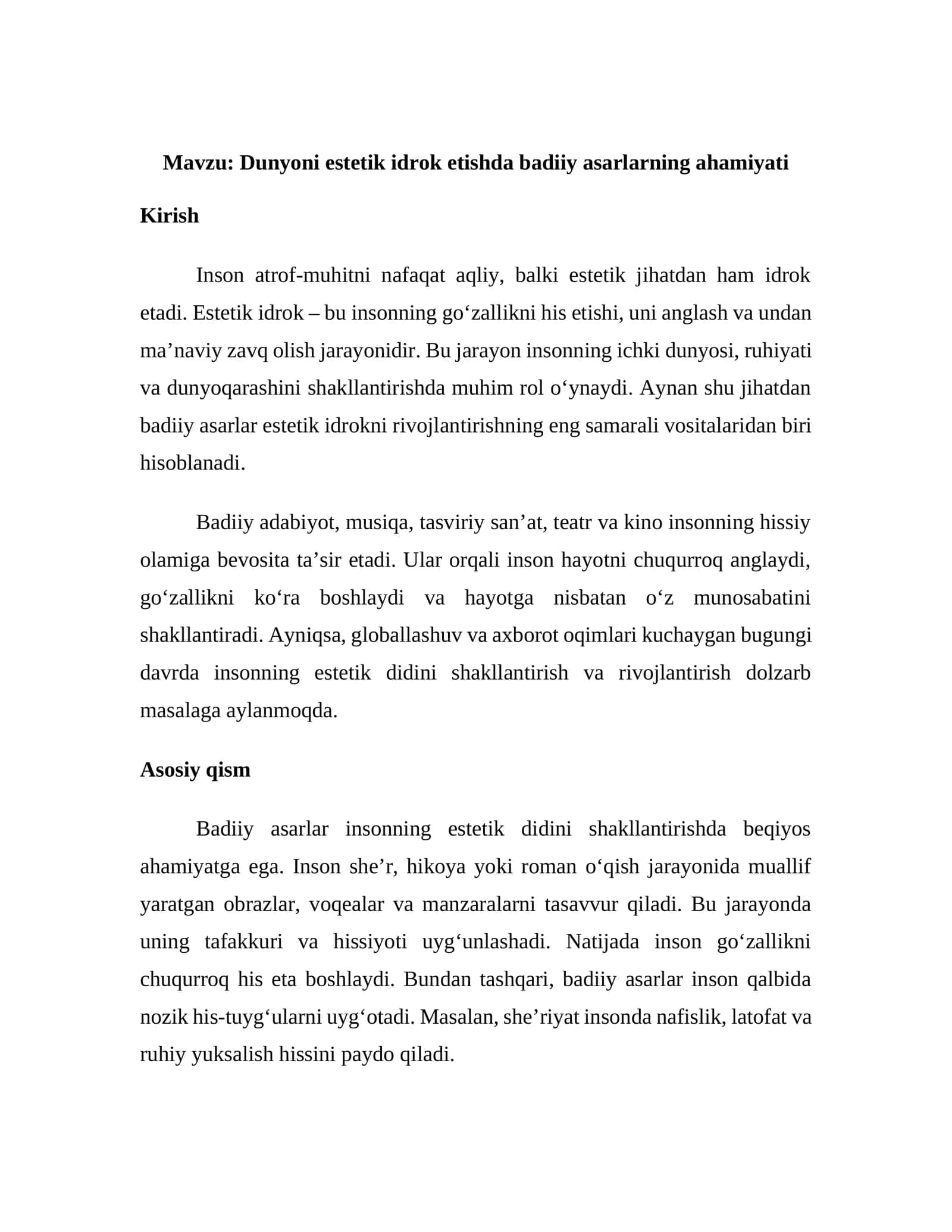 Dunyoni estetik idrok etishda badiiy asarlarning ahamiyati