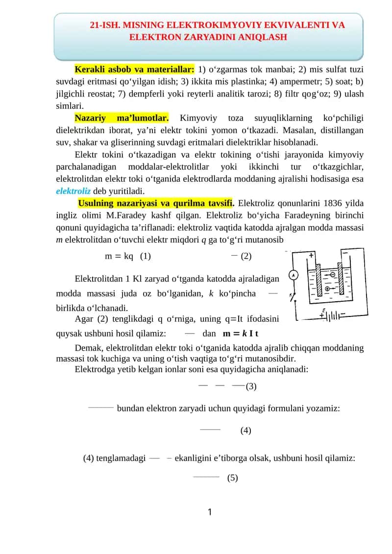 MISNING ELЕKTRОKIMYOVIY EKVIVАLЕNTI VА ELЕKTRОN ZАRYADINI АNIQLАSH