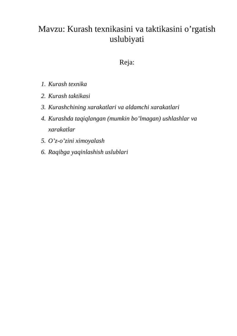 Kurash Texnikasi va Taktikasi