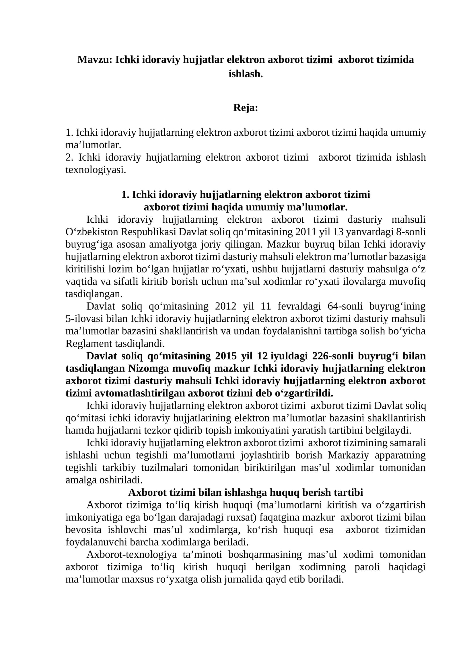 Ichki idoraviy hujjatlar elektron axborot tizimi axborot tizimida