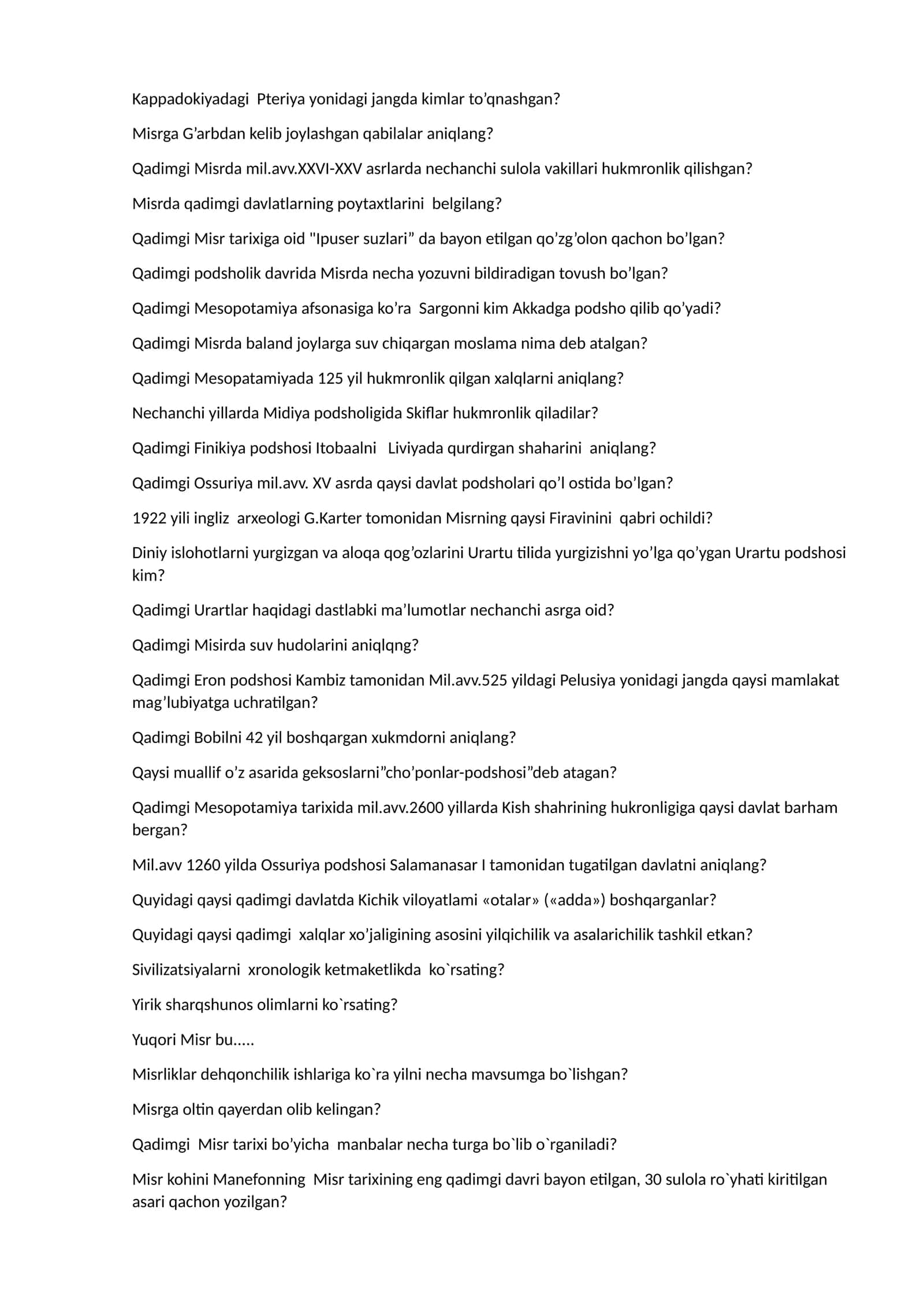 Qadimgi Davlatlar Tarixi Test Savollari