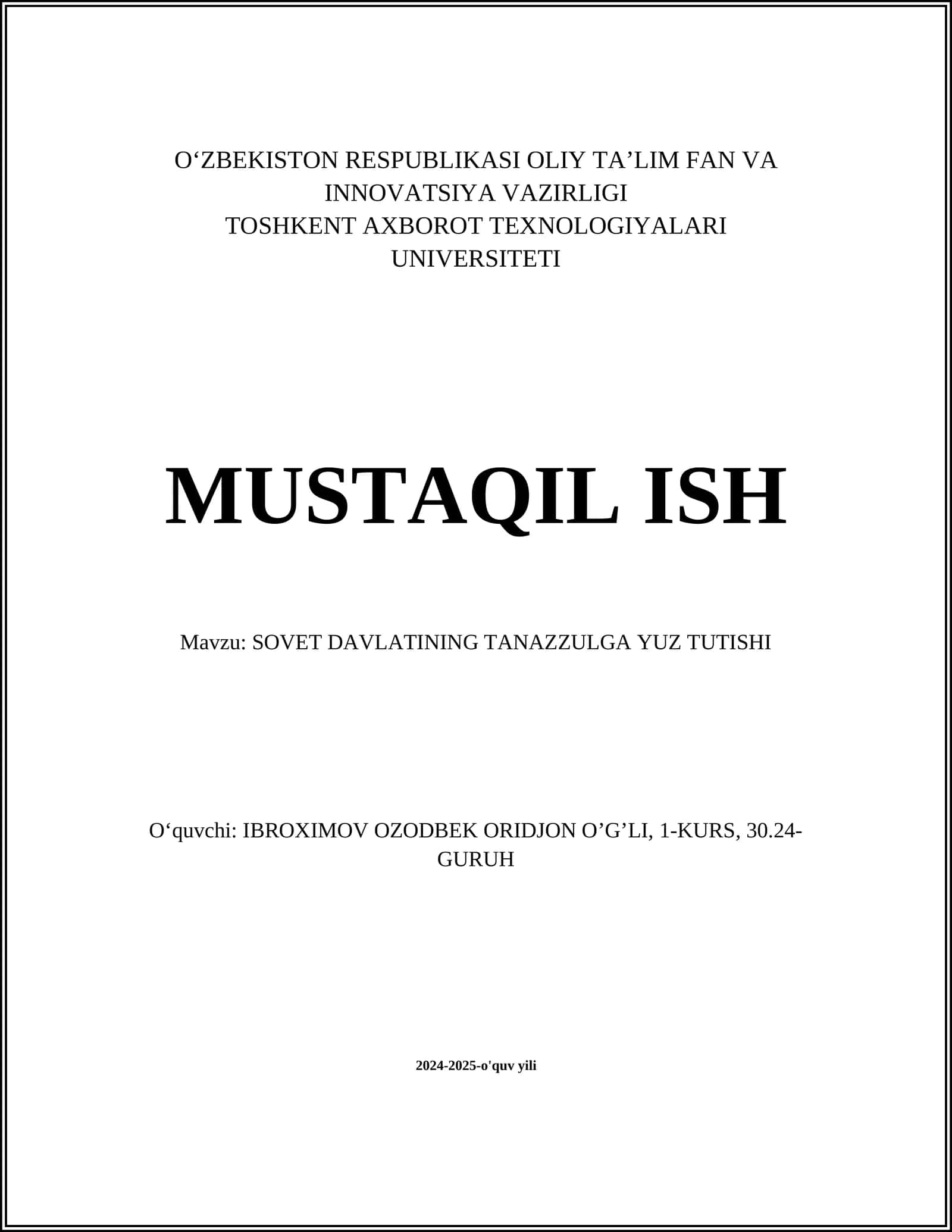 SOVET DAVLATINING TANAZZULGA YUZ TUTISHI