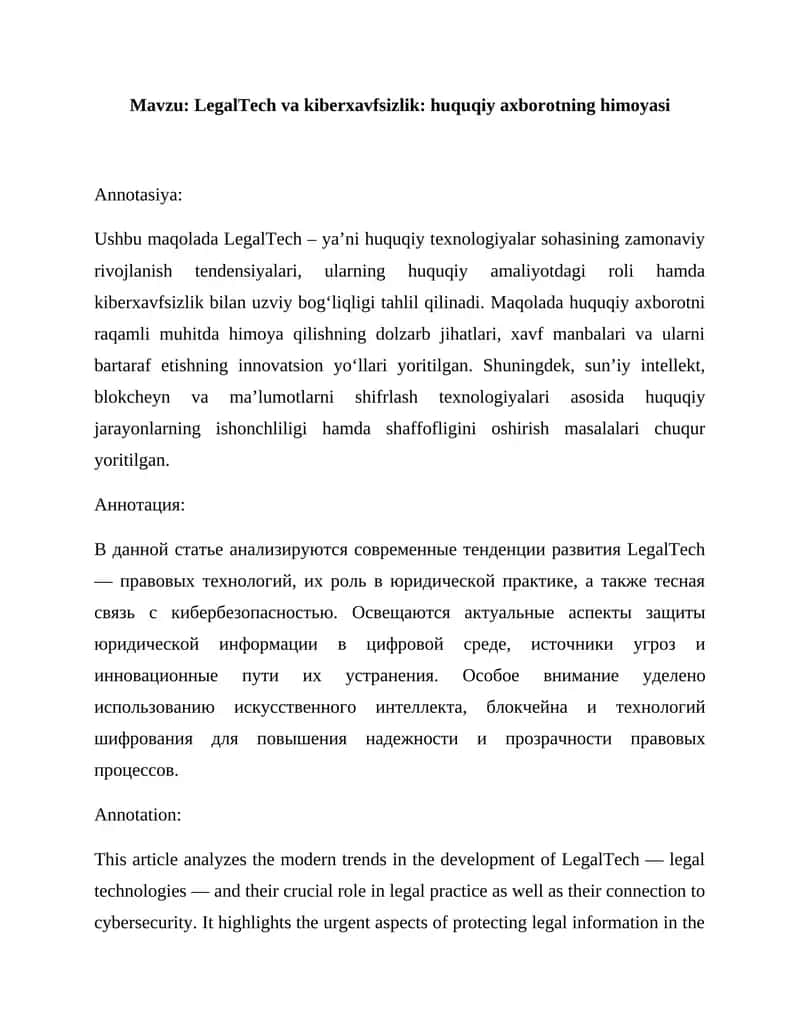 LegalTech va kiberxavfsizlik: huquqiy axborotning himoyasi