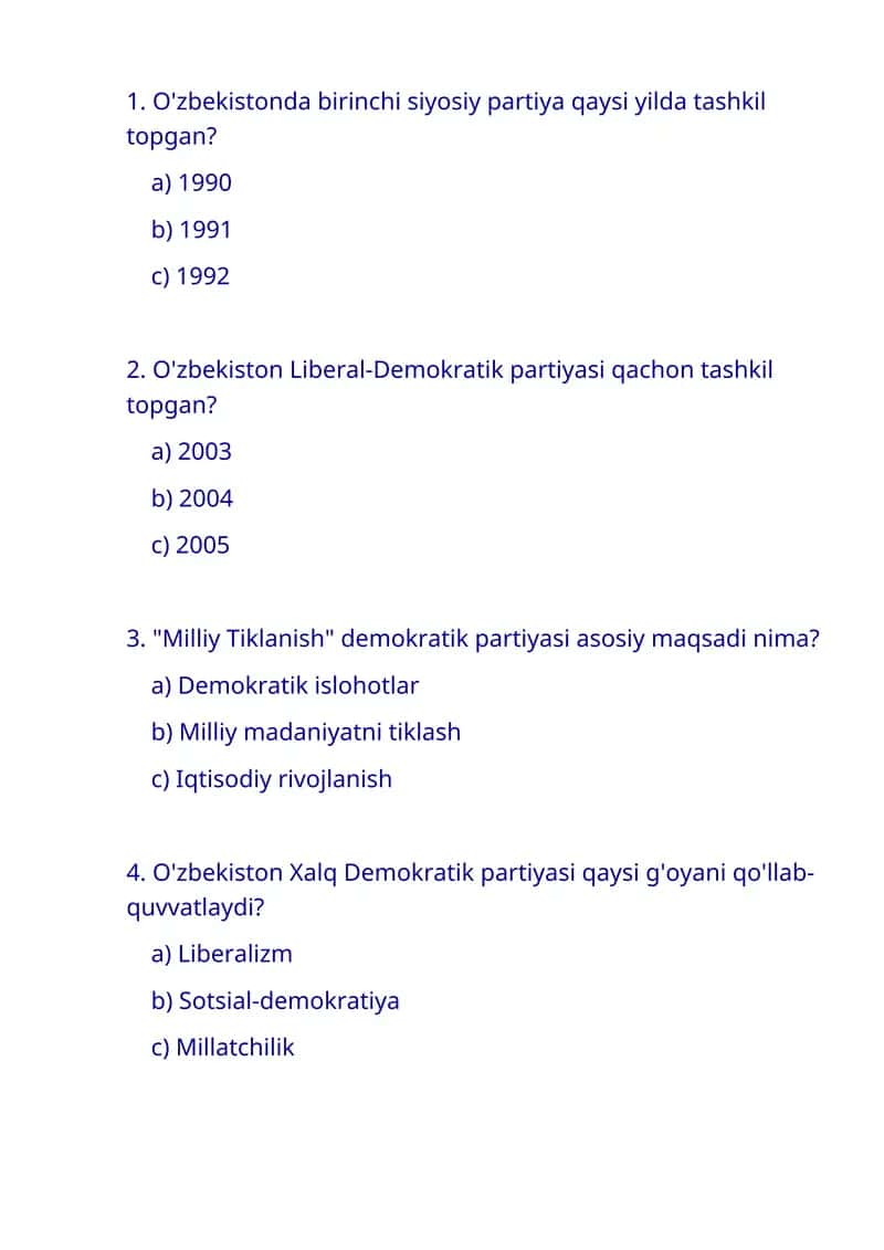 Siyosiy partiyalar haqida test savollari