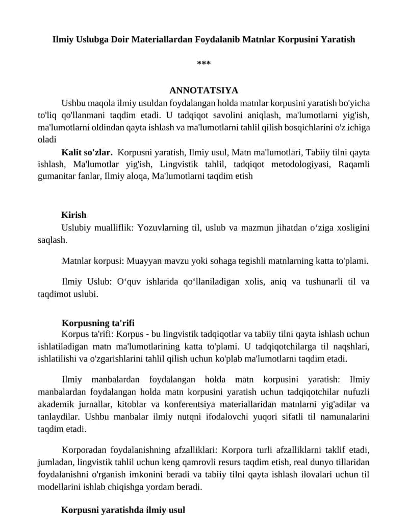 Ilmiy Uslubga Doir Materiallardan Foydalanib Matnlar Korpusini Yaratish