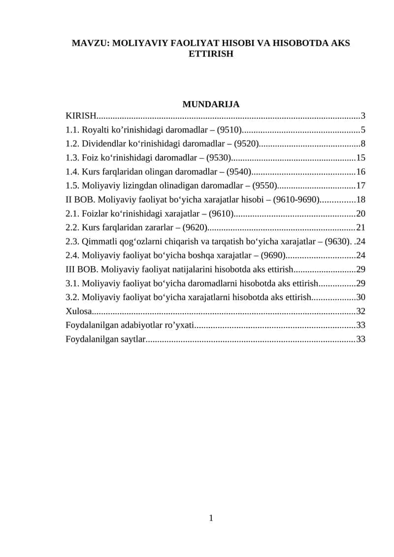 MOLIYAVIY FAOLIYAT HISOBI VA HISOBOTDA AKS ETTIRISH