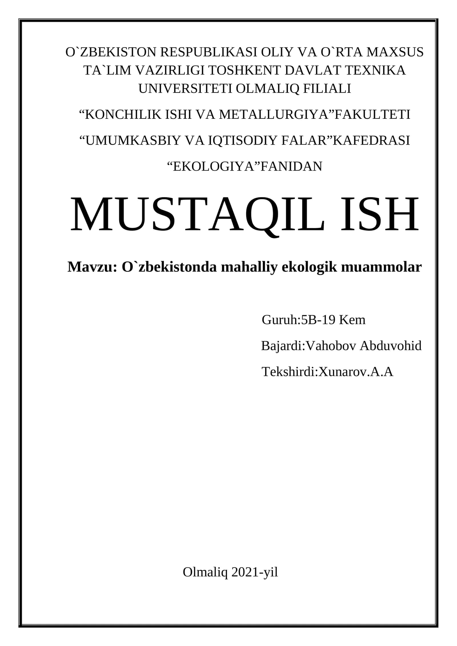 O`zbekistonda mahalliy ekologik muammolar