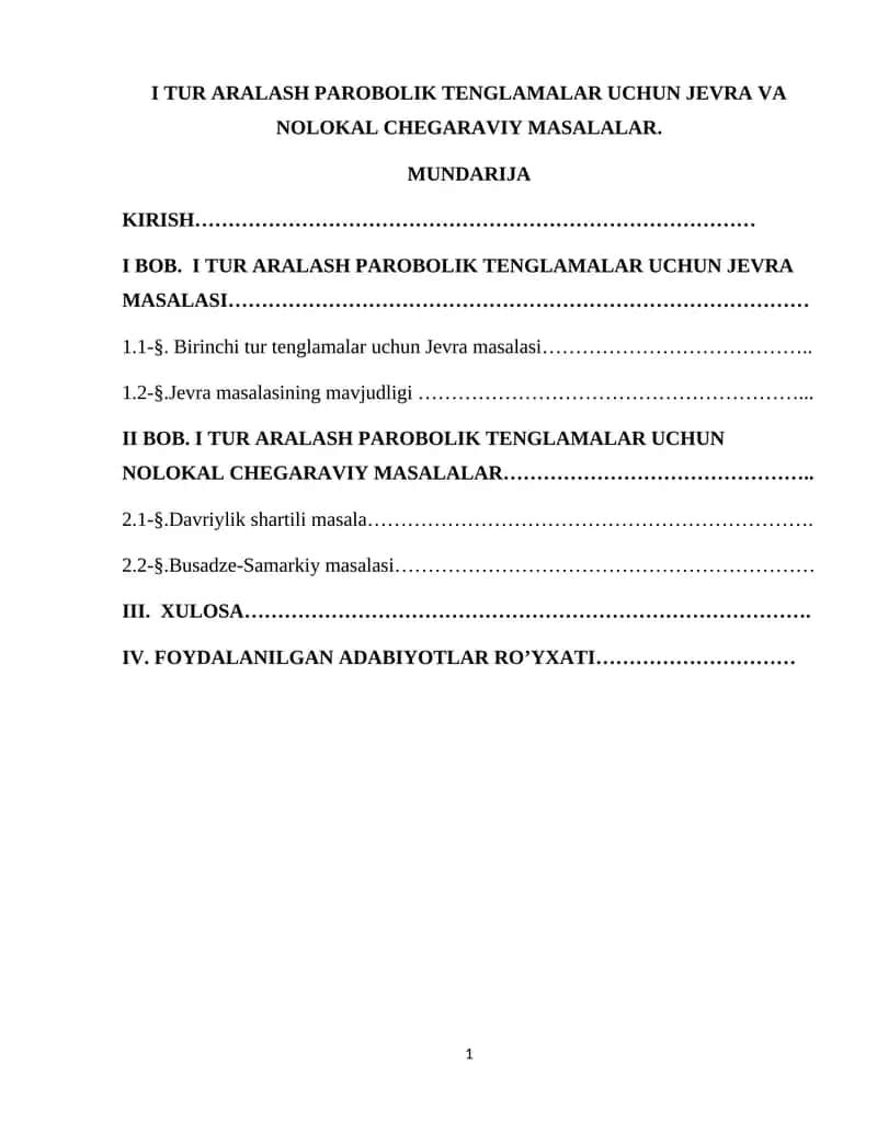 I TUR ARALASH PAROBOLIK TENGLAMALAR UCHUN JEVRA VA NOLOKAL CHEGARAVIY MASALALAR