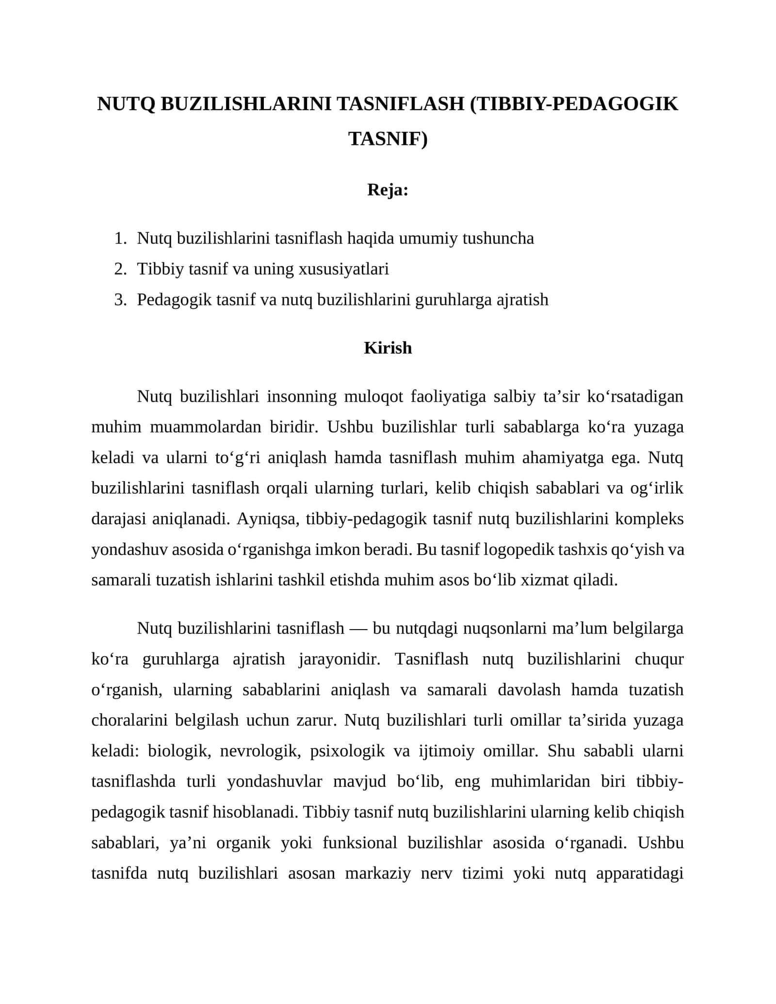 NUTQ BUZILISHLARINI TASNIFLASH (TIBBIY-PEDAGOGIK TASNIF)