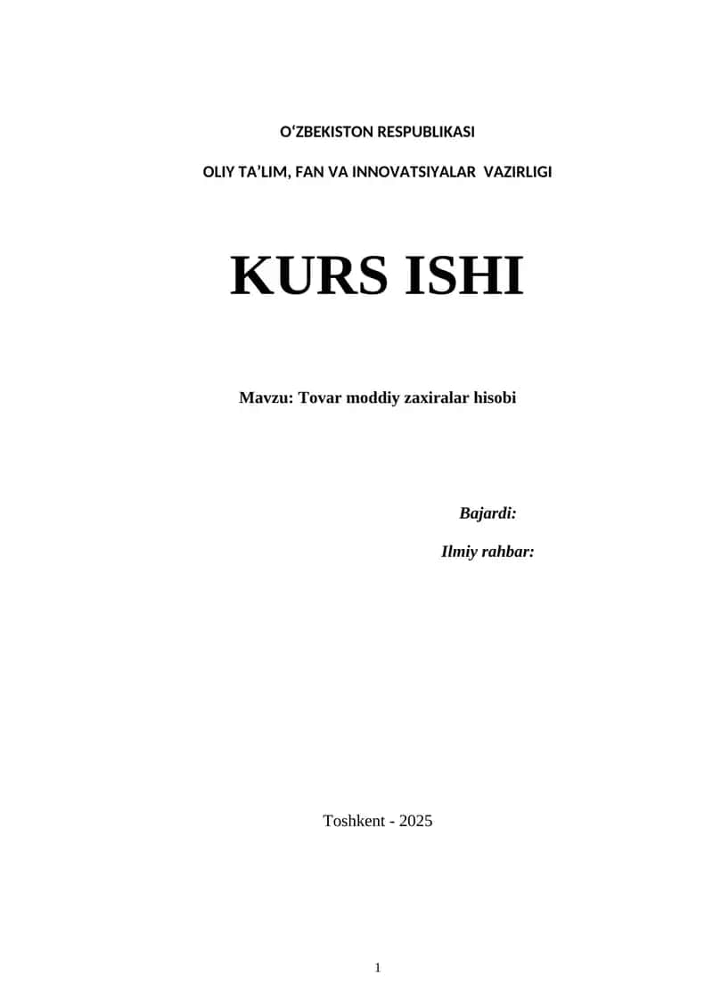 TOVAR MODDIY ZAXIRALAR HISOBI