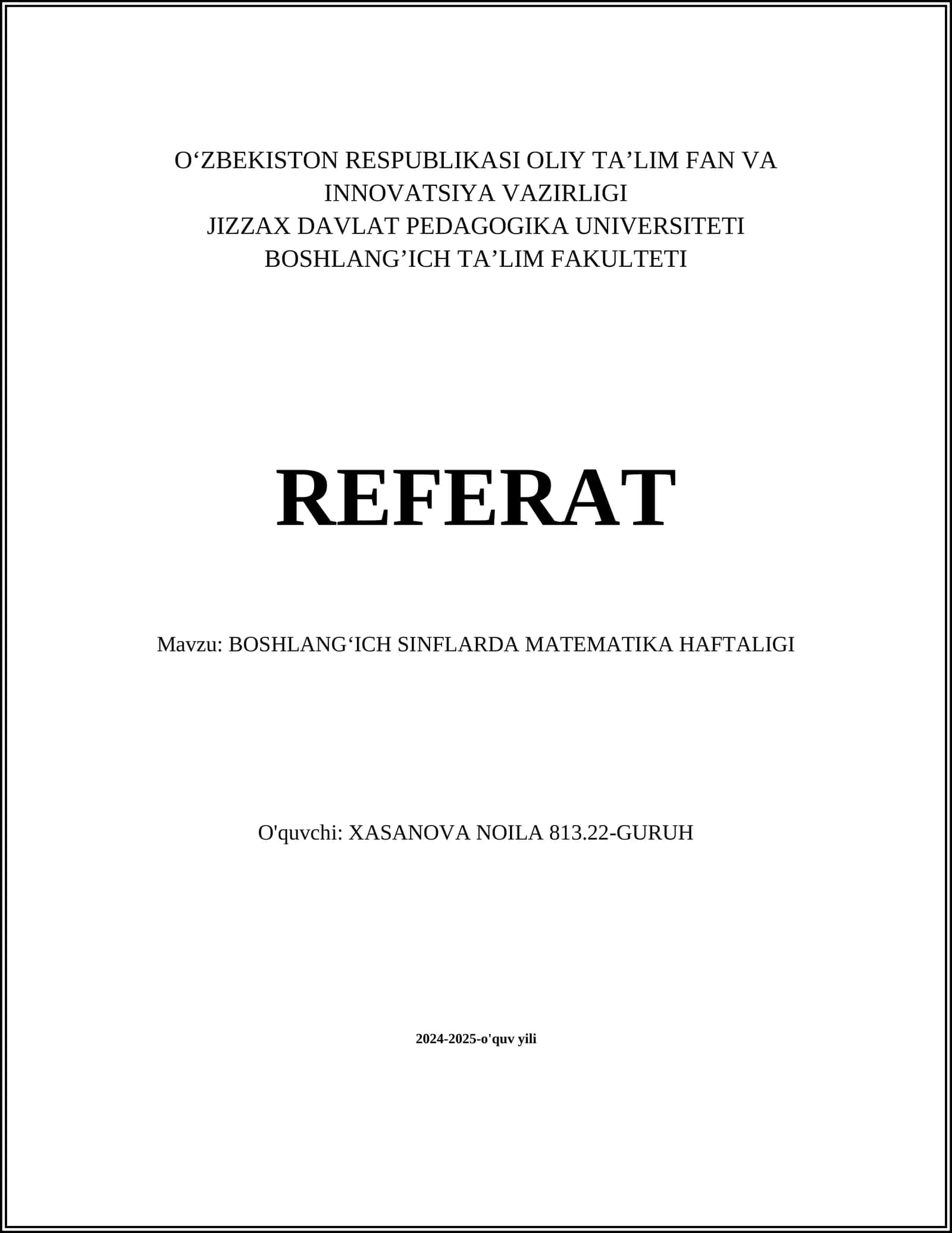 BOSHLANGʻICH SINFLARDA MATEMATIKA HAFTALIGI