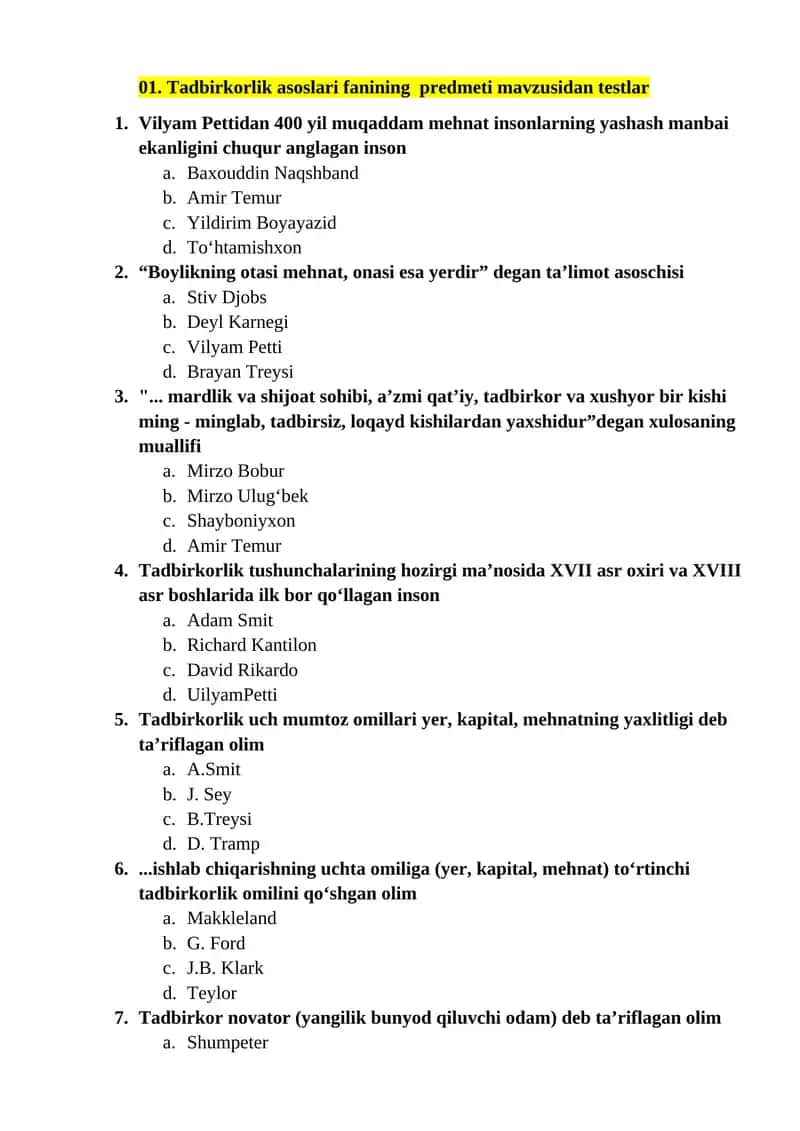 Tadbirkorlik asoslari fanining predmeti mavzusidan testlar
