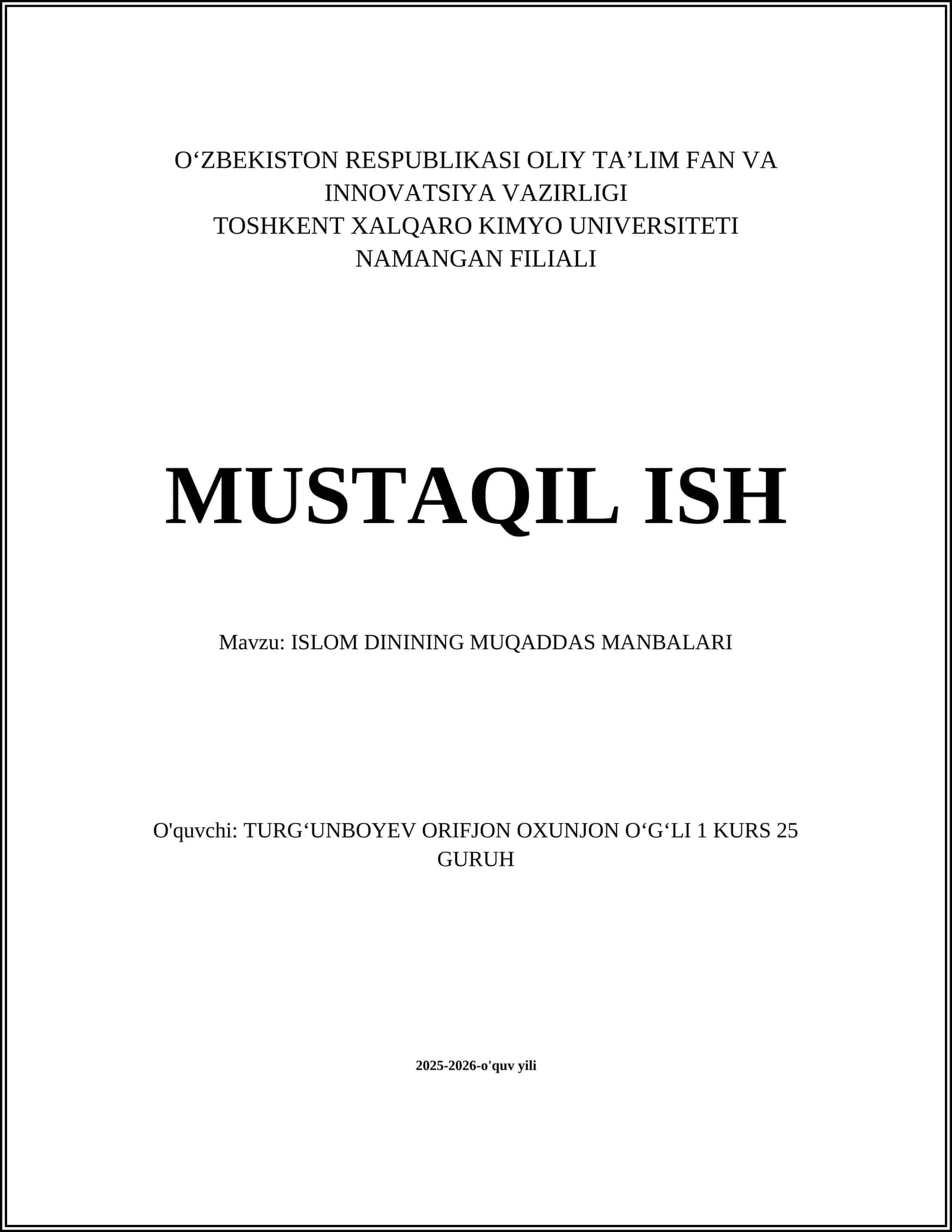 ISLOM DININING MUQADDAS MANBALARI