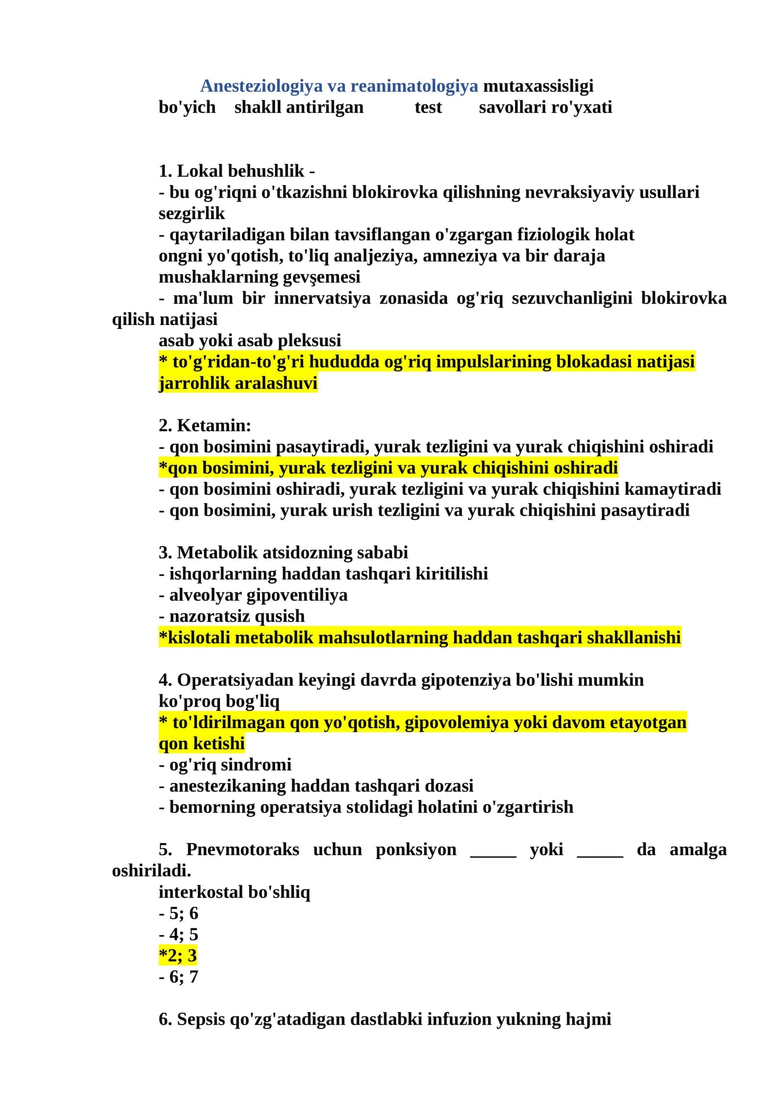Anesteziologiya va reanimatologiya mutaxassisligi test argos.