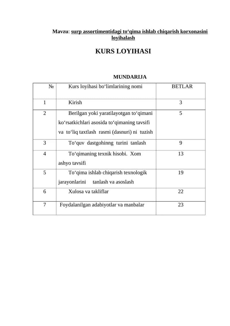 Surp assortimentidagi to‘qima ishlab chiqarish korxonasini loyihalash