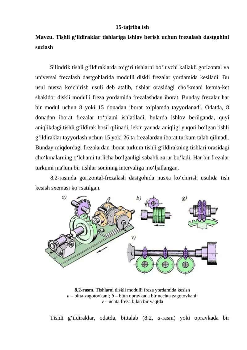 Tishli g‘ildiraklar tishlariga ishlov berish frezalash dastgohi