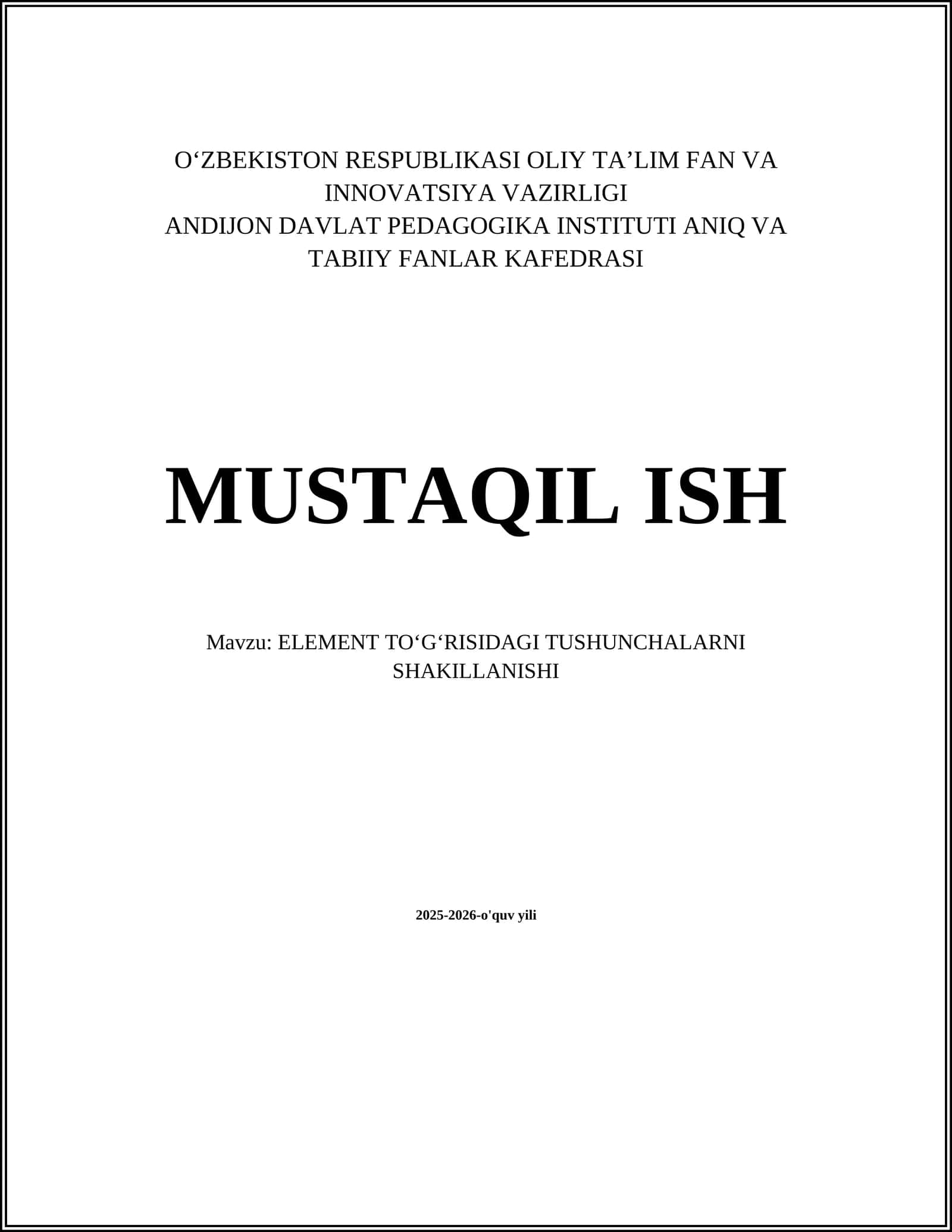 ELEMENT TOʻGʻRISIDAGI TUSHUNCHALARNI SHAKILLANISHI