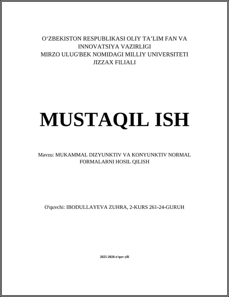 Mukammal Dizyunktiv Normal Forma (MDNF)