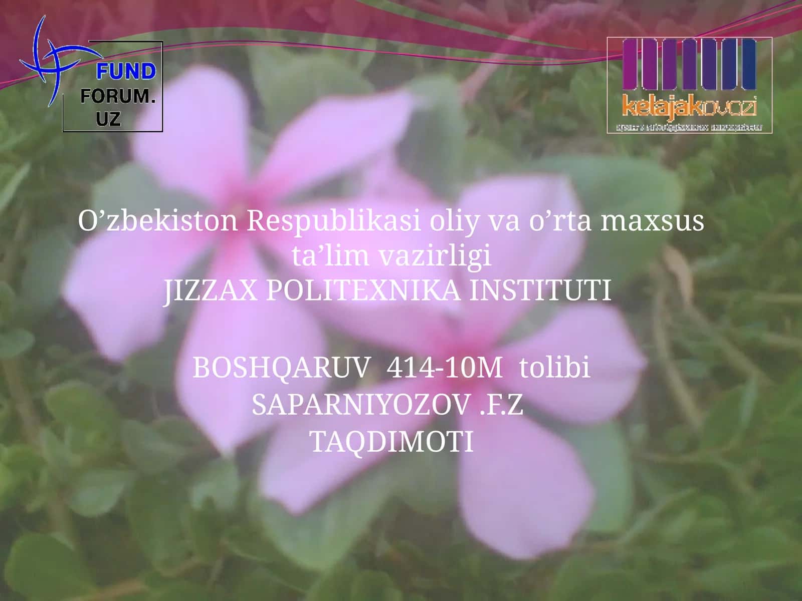 TAQDIMOTI O’ZBEKISTON RESPUBLIKASI JIZZAX VILOYATI JIZZAX SHAHRI Obodonlashtirishga ko’maklashuvchi ilmiy ishlab chiqaruv markaz LOYIHASI