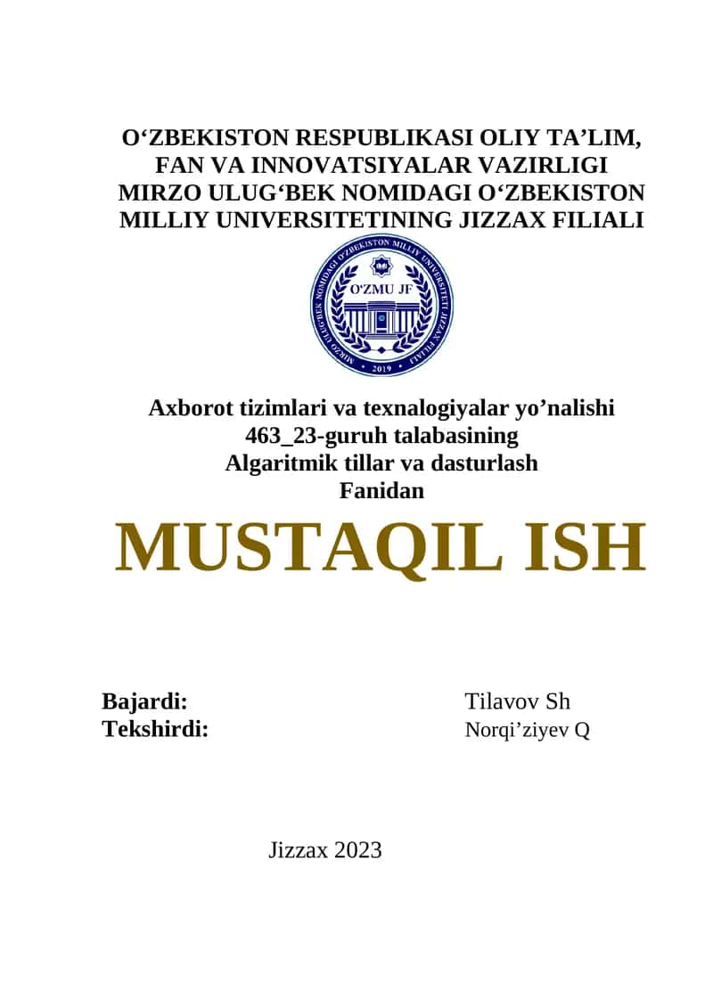 Algaritmik tillar va dasturlash fanidan Mustaqil ish
