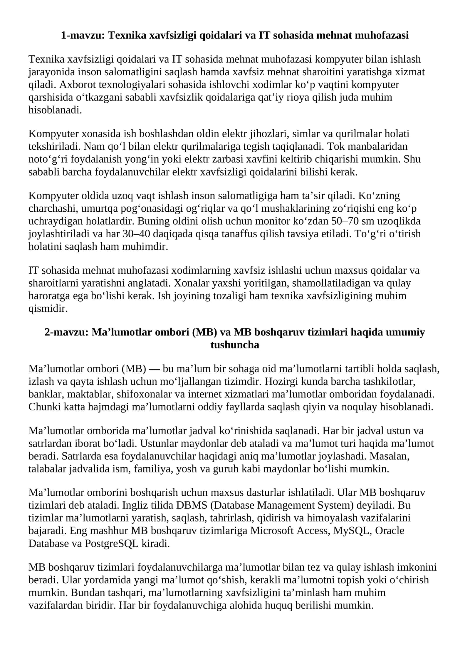 Texnika xavfsizligi qoidalari va IT sohasida mehnat muhofazasi