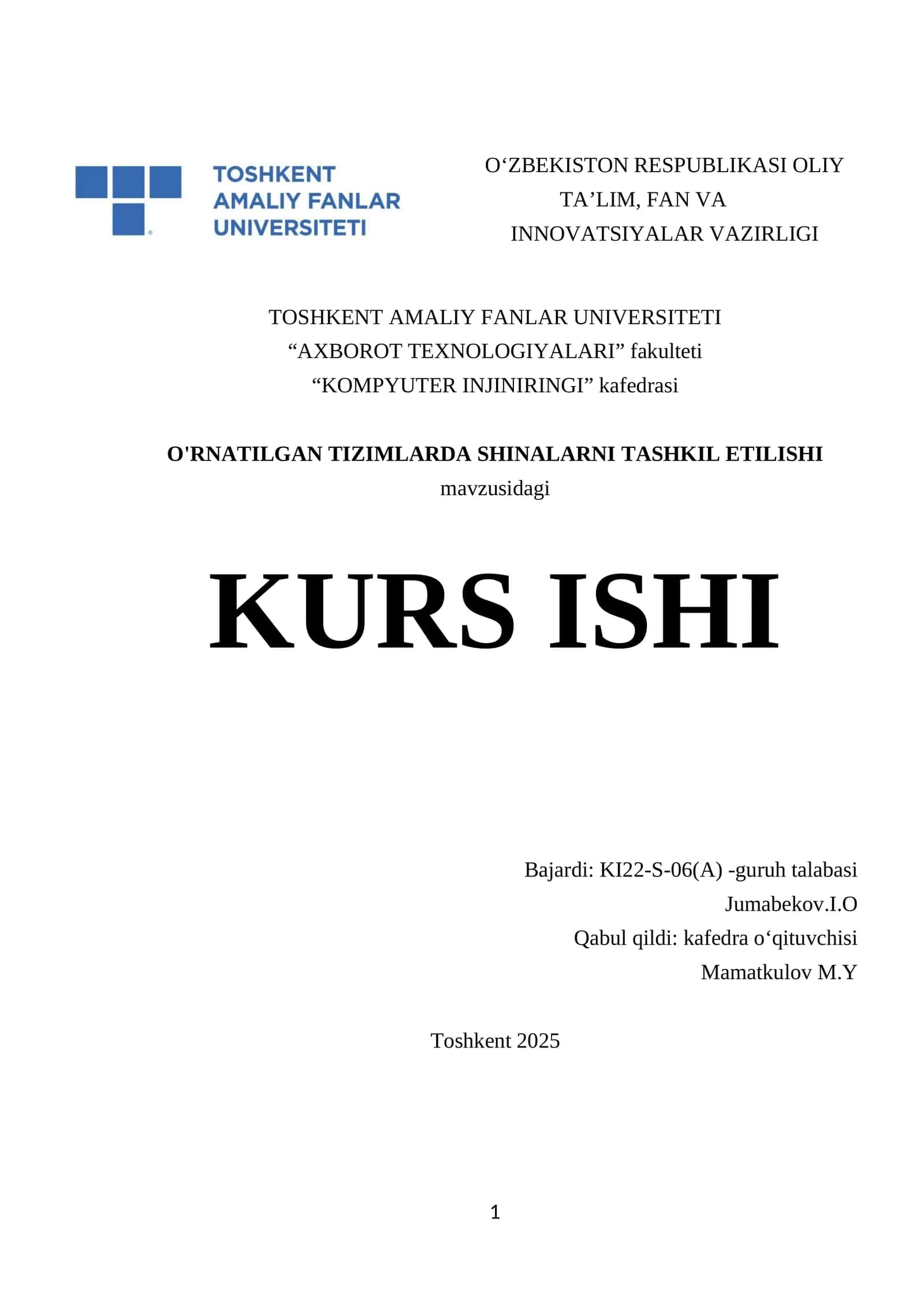 O'RNATILGAN TIZIMLARDA SHINALARNI TASHKIL ETILISHI