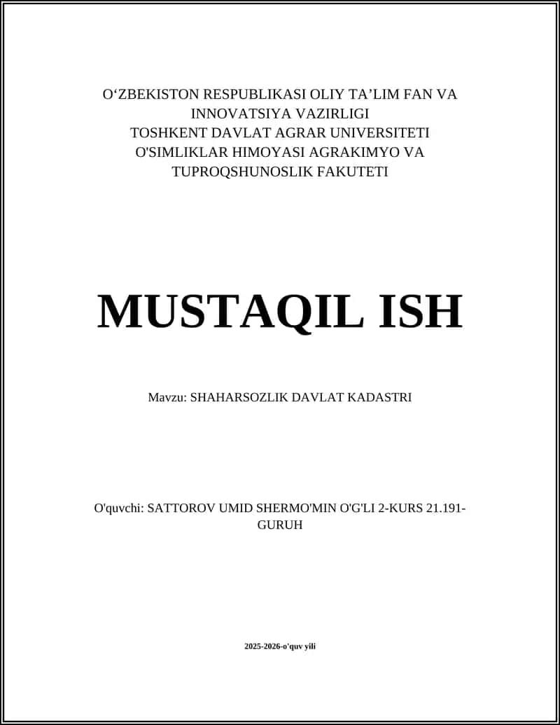 SHAHARSOZLIK DAVLAT KADASTRI