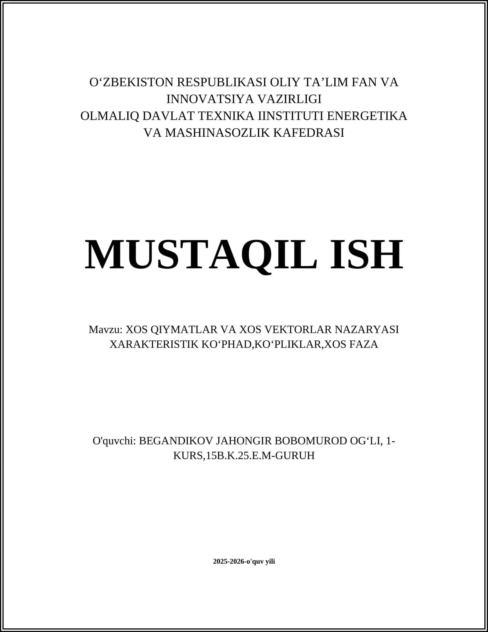 XOS QIYMATLAR VA XOS VEKTORLAR NAZARYASI