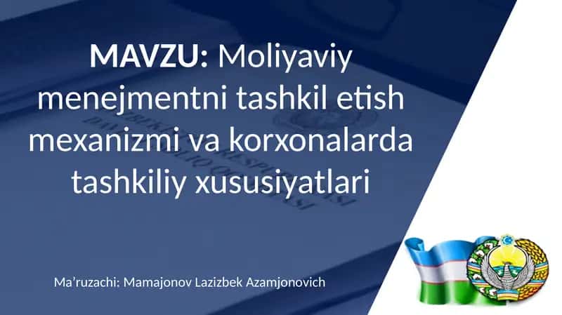 Moliyaviy menejmentni tashkil etish mexanizmi va korxonalarda tashkiliy xususiyatlari