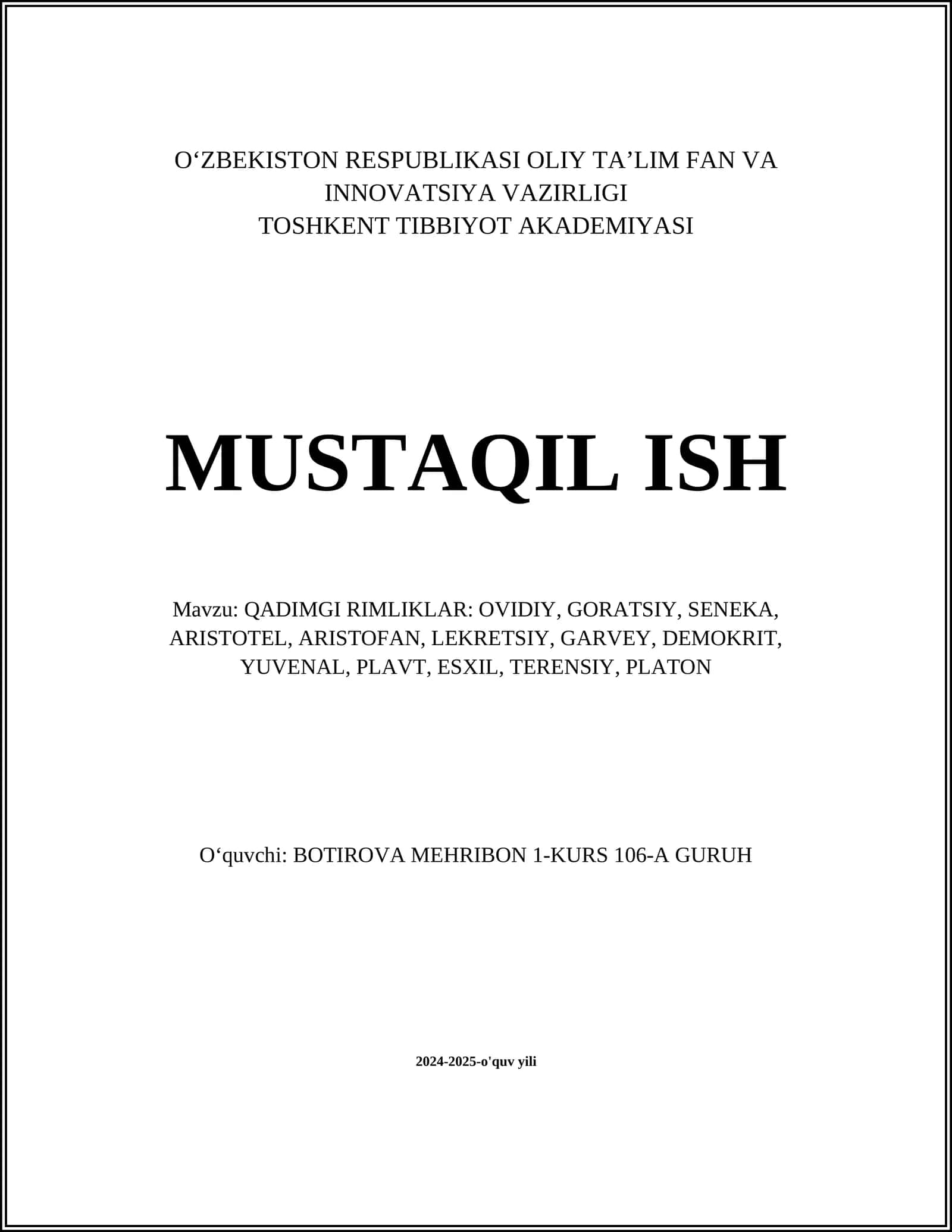QADIMGI RIMLIKLAR: OVIDIY, GORATSIY, SENEKA, ARISTOTEL, ARISTOFAN, LEKRETSIY, GARVEY, DEMOKRIT, YUVENAL, PLAVT, ESXIL, TERENSIY, PLATON