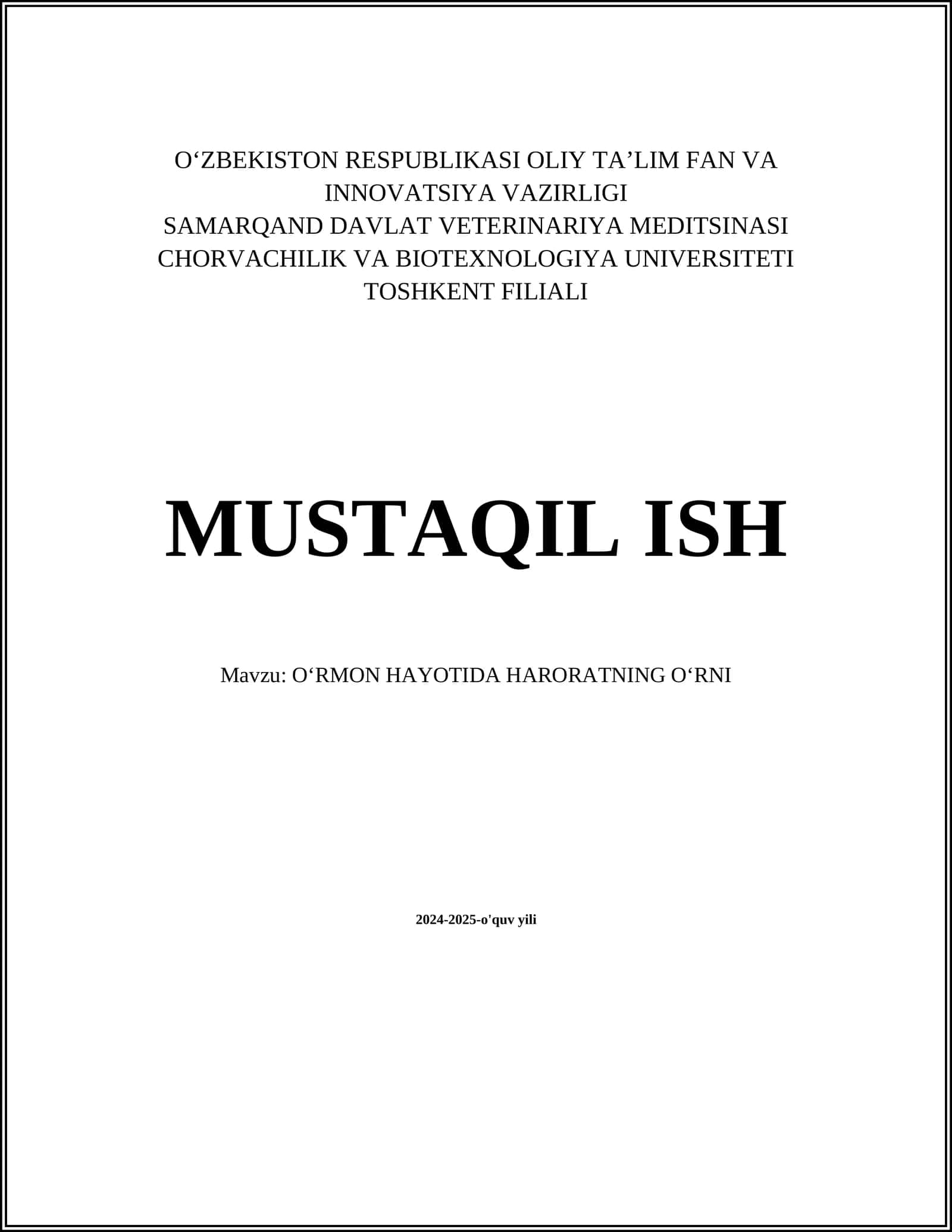 OʻRMON HAYOTIDA HARORATNING OʻRNI