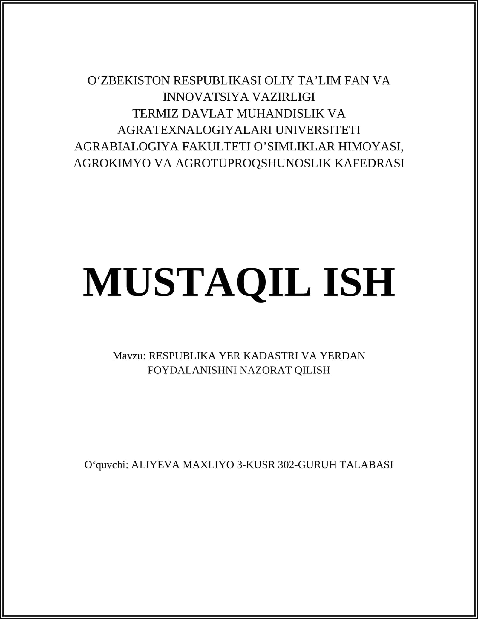 RESPUBLIKA YER KADASTRI VA YERDAN FOYDALANISHNI NAZORAT QILISH