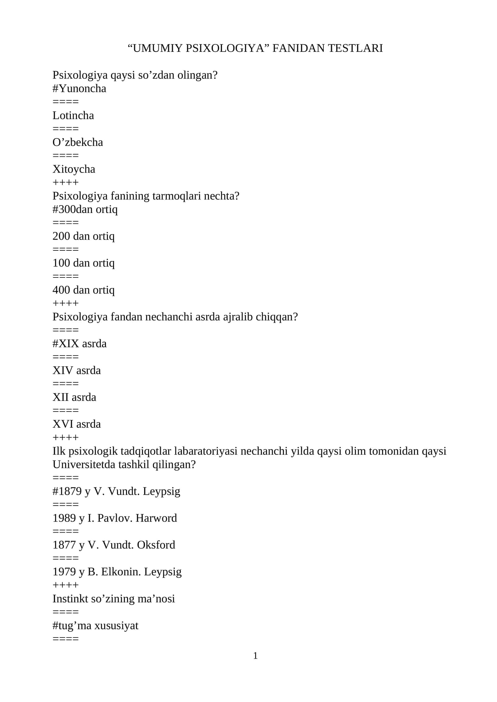 UMUMIY PSIXOLOGIYA FANIDAN TESTLARI
