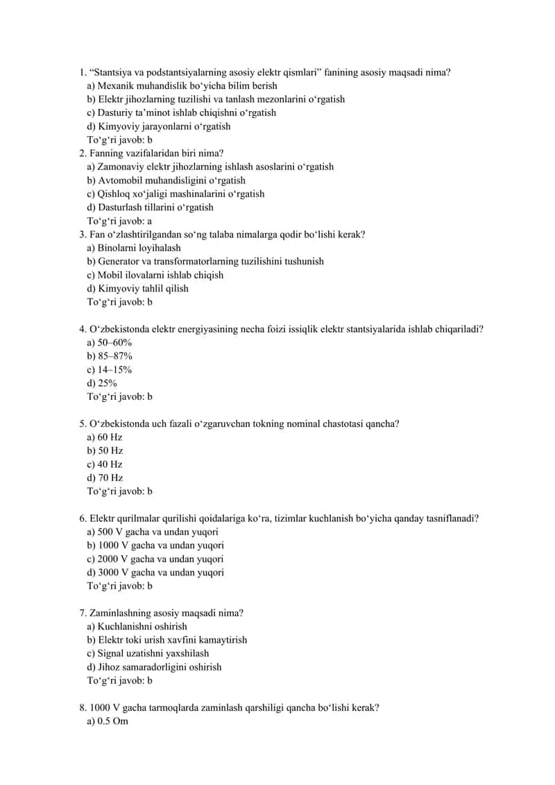 Stantsiya va podstantsiyalarning asosiy elektr qismlari