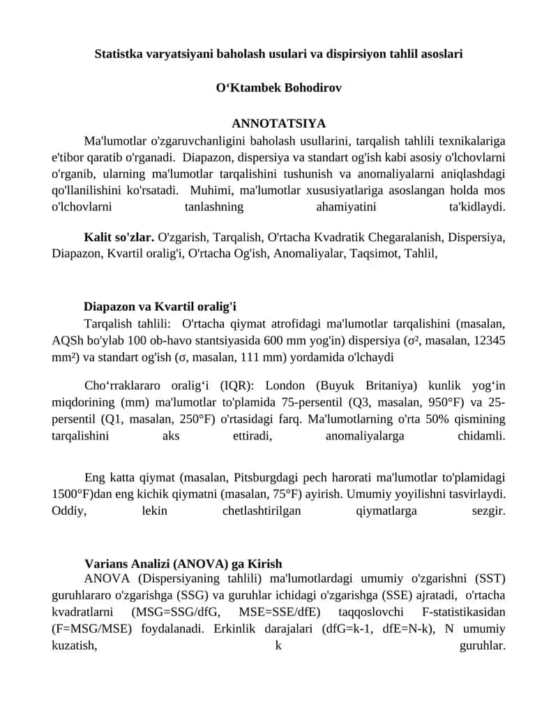 Statistka varyatsiyani baholash usulari va dispirsiyon tahlil asoslari