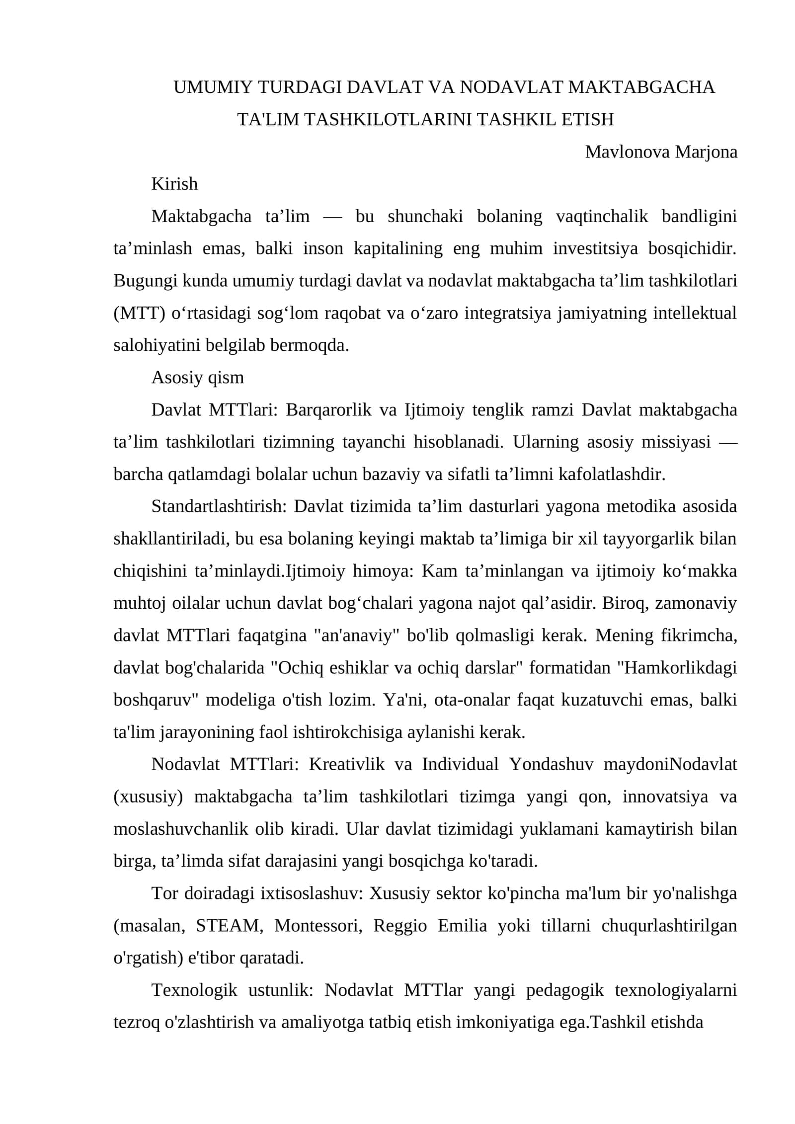 Davlat va Nodavlat Maktabgacha Ta'lim Tashkilotlarini Tashkil Etish