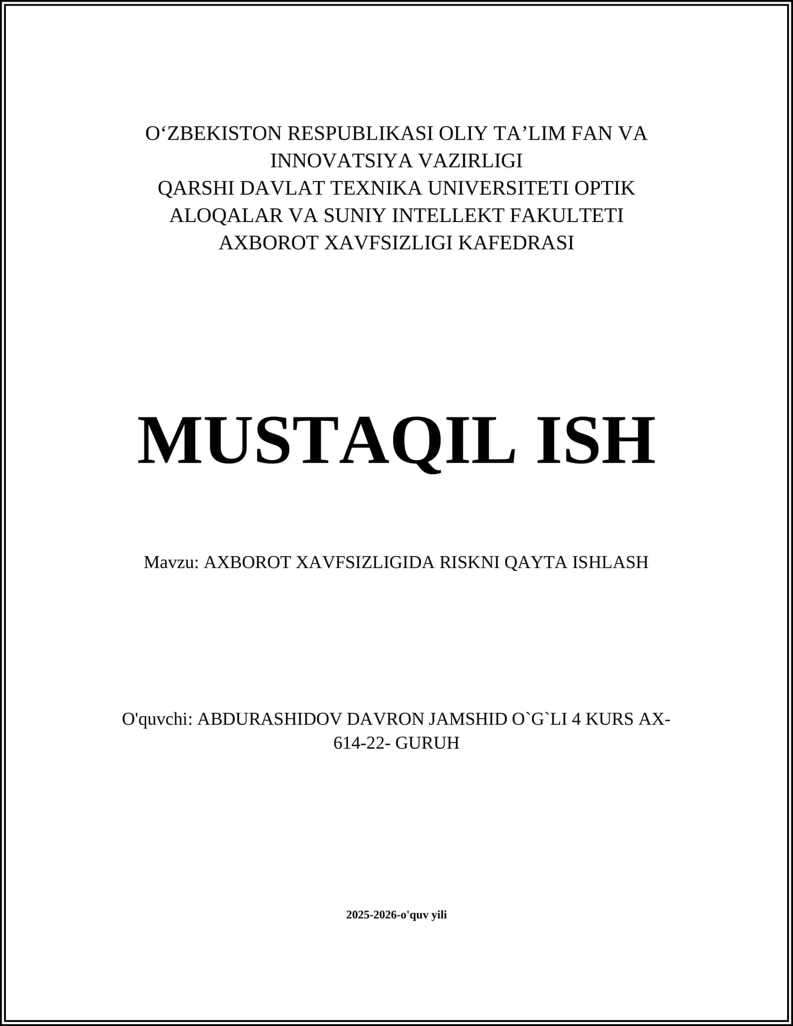 Axborot xavfsizligida risklarni qayta ishlash