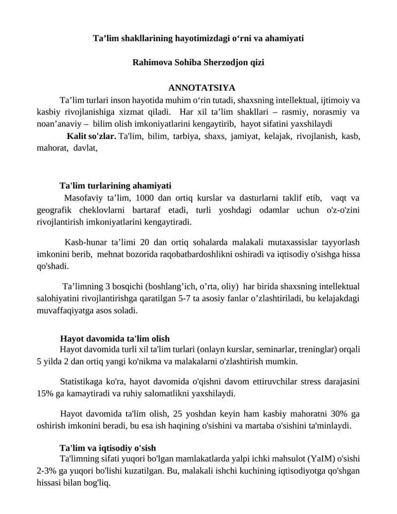 Ta’lim shakllarining hayotimizdagi o‘rni va ahamiyati