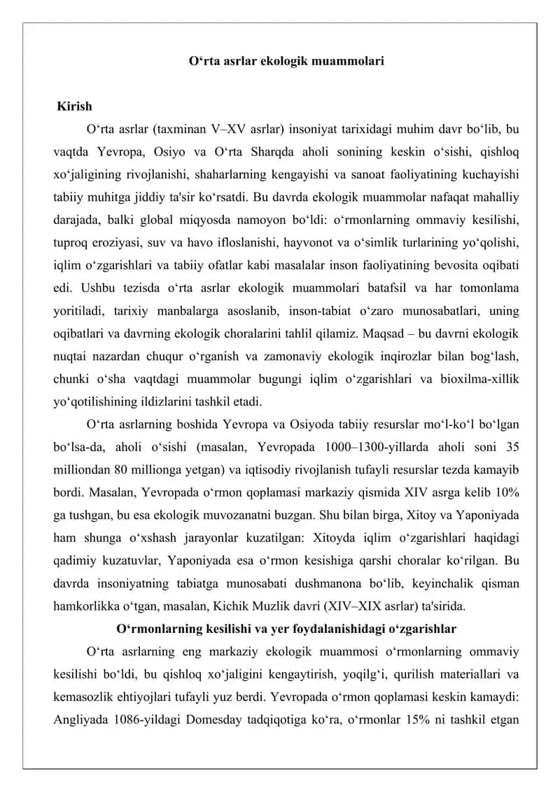 O‘rta asrlar ekologik muammolari tezis