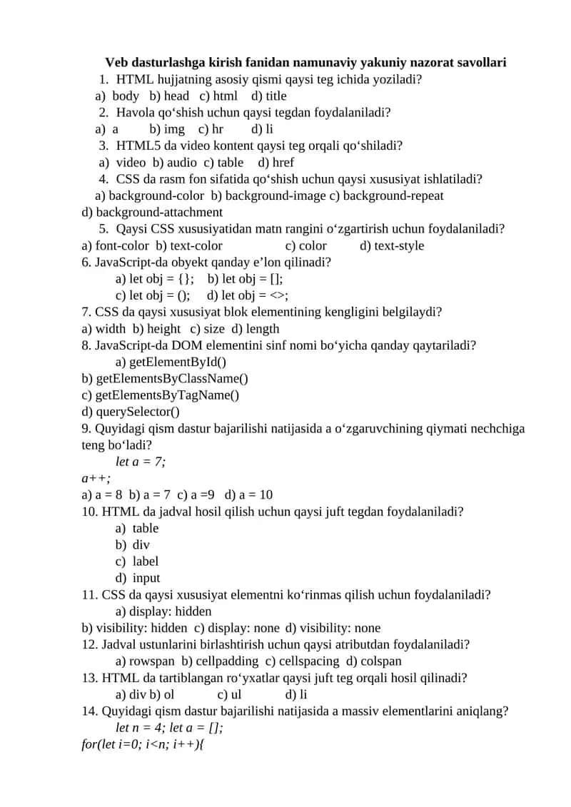 Veb dasturlashga kirish fanidan namunaviy yakuniy nazorat savollari