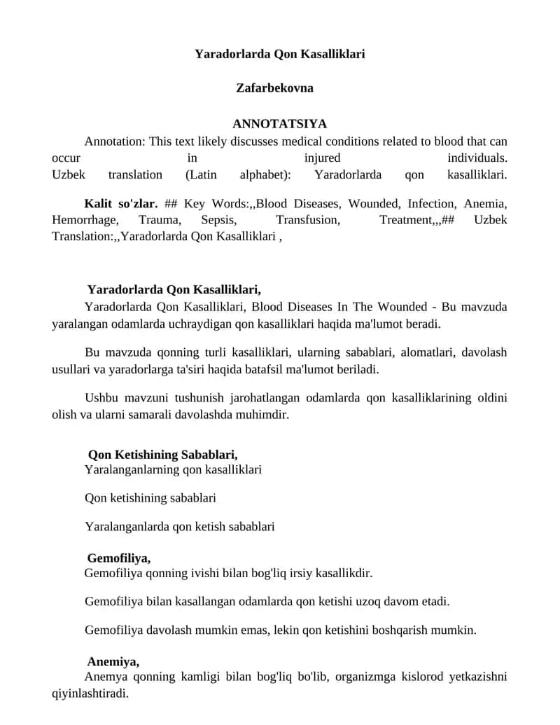 Yaradorlarda Qon Kasalliklari