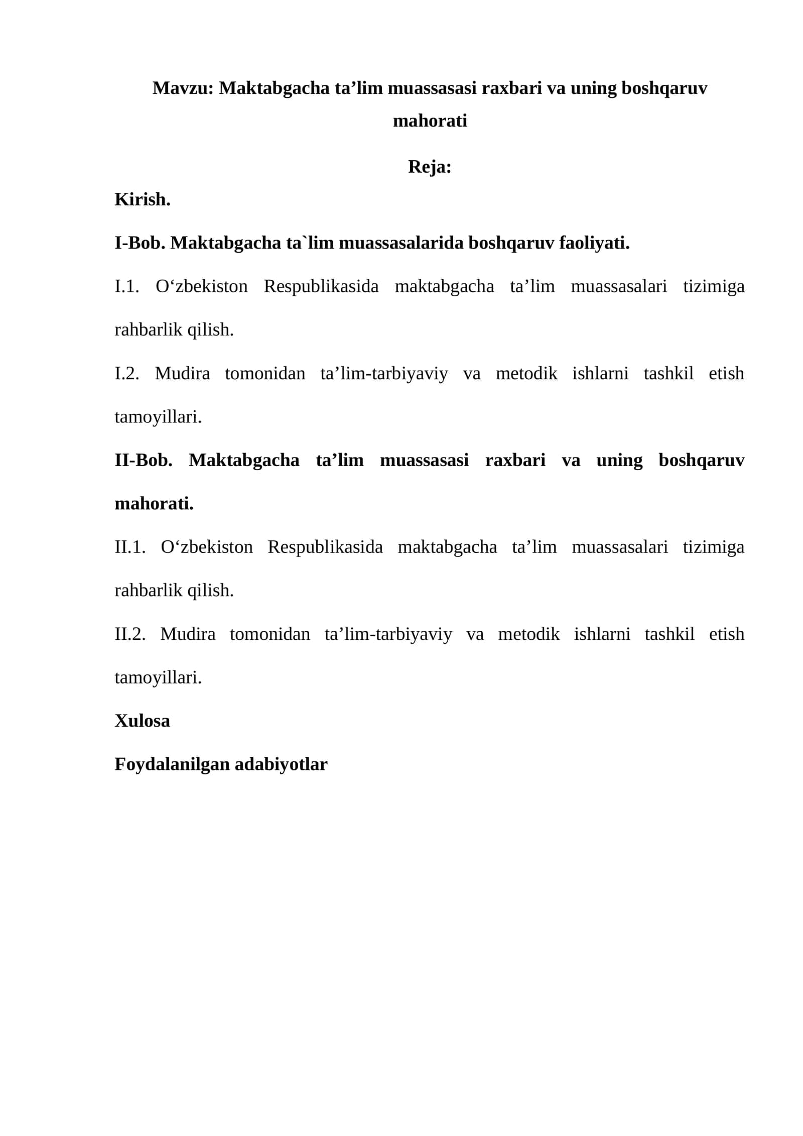 Maktabgacha ta’lim muassasasi raxbari va uning boshqaruv mahorati