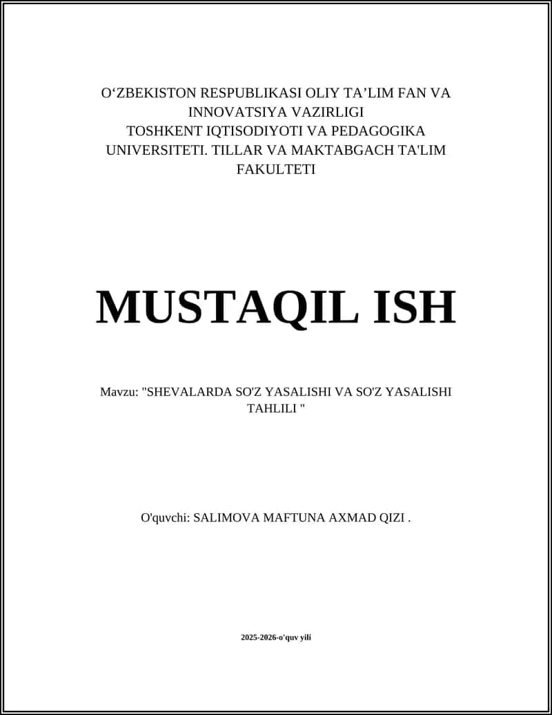"SHEVALARDA SO'Z YASALISHI VA SO'Z YASALISHI TAHLILI"