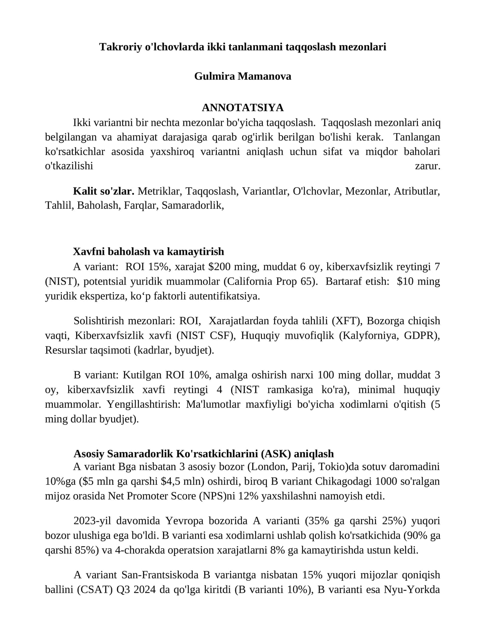Takroriy o'lchovlarda ikki tanlanmani taqqoslash mezonlari