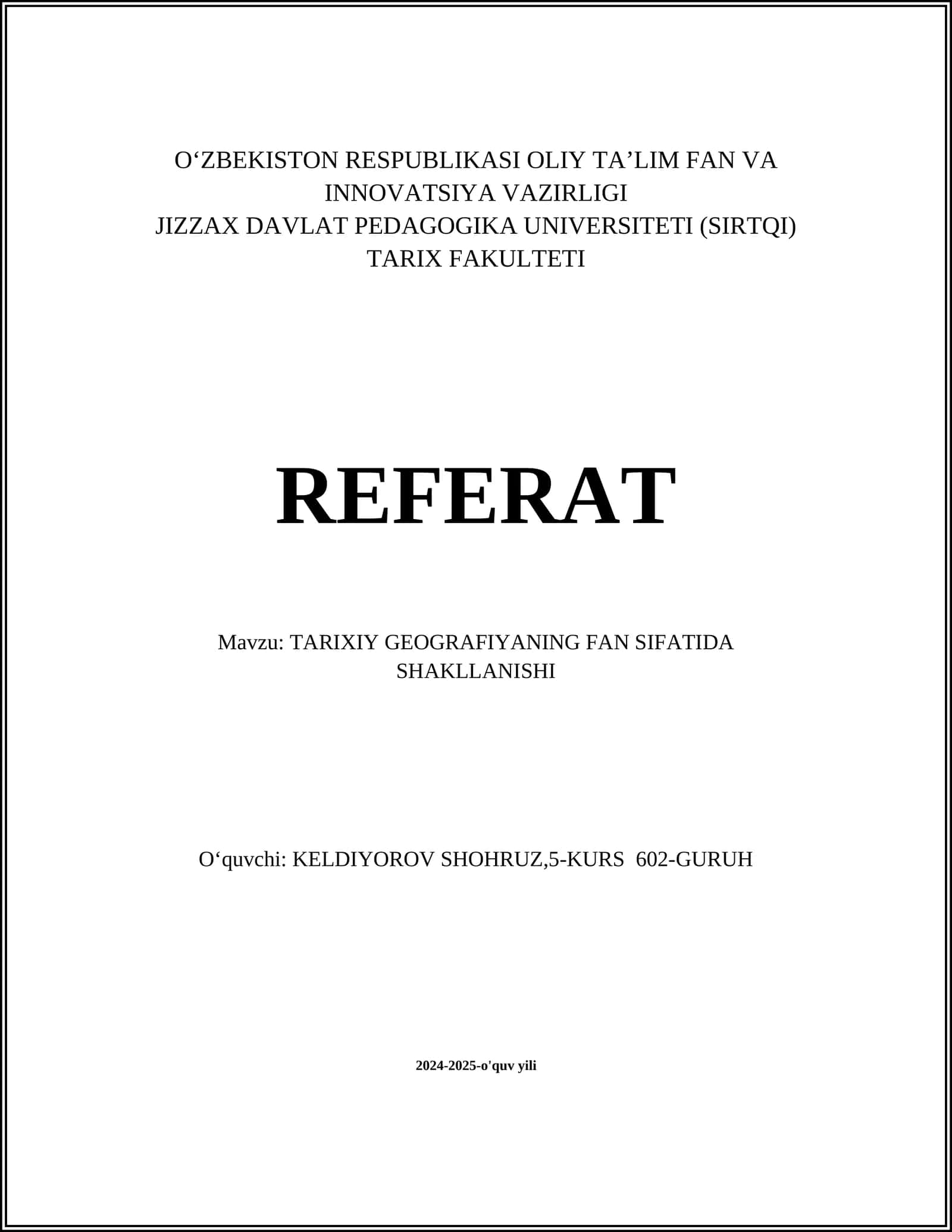 TARIXIY GEOGRAFIYANING FAN SIFATIDA SHAKLLANISHI