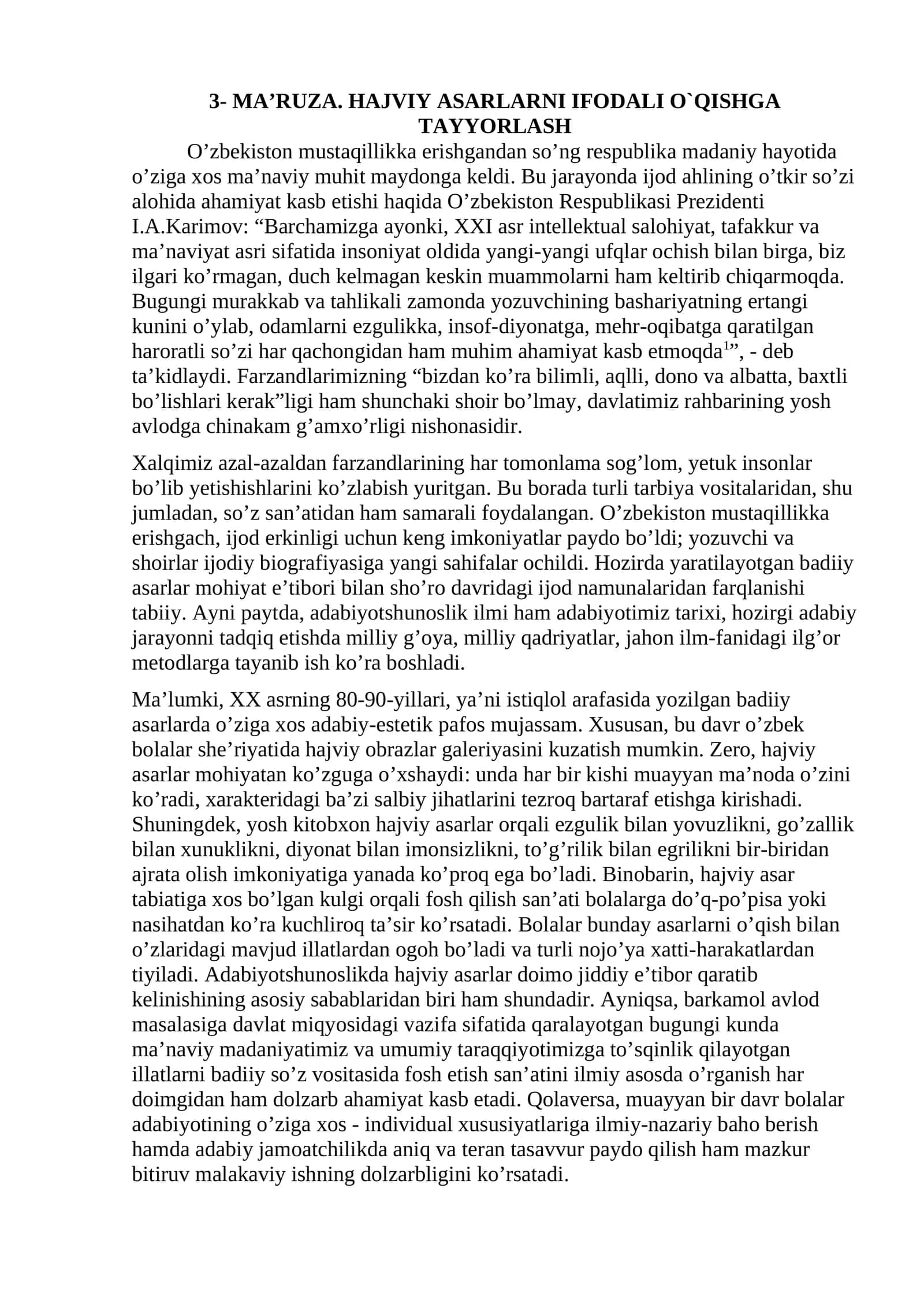 MA’RUZA. HAJVIY ASARLARNI IFODALI O`QISHGA TAYYORLASH